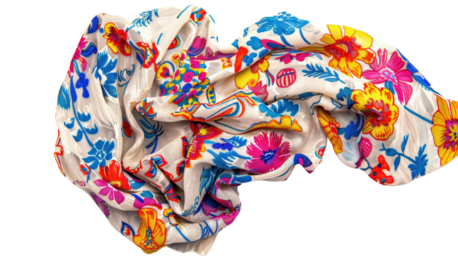 Vibrant floral scarf with an array of colorful flowers on a white background, perfect for adding a pop of color to any outfit.