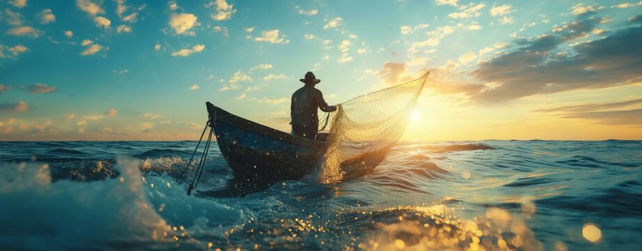 Southeast Asian local fisherman casting net into the ocean with water splash against sunlight, simplicity lifestyle 