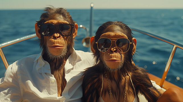 Pair of monkeys on the deck of a yacht. Monkey family, lovers, honeymoon.  Monkeys in sunglasses on a yacht. Fun vacation scene with monkeys enjoying a sea cruise. Rest scene, summer vacation, travel,