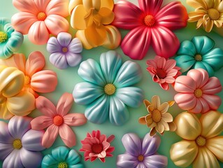 3D Fantasy bright flowers balloon flowers on green background.