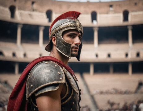 Il guerriero romano nel Colosseo, pronto a difendersi.