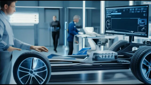 A professional engineer stands in a high tech development laboratory working on a computer with 3D CAD software and testing a prototype electric car chassis.