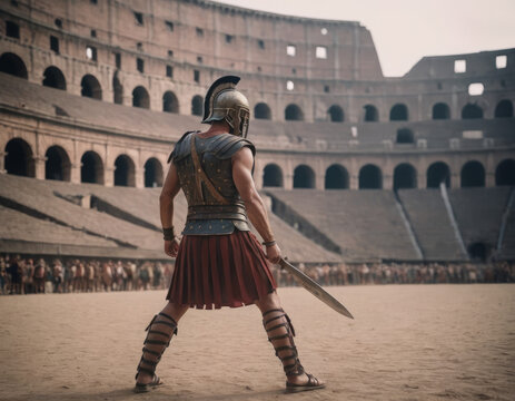 Pronto per la battaglia, il gladiatore guarda il Colosseo.