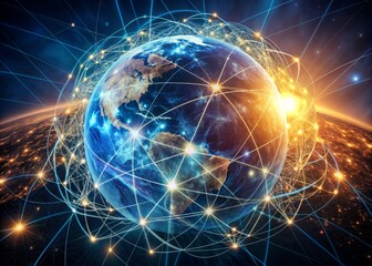 Glowing earth globe surrounded by interconnected networks of light fibers, satellites, and circuits, symbolizing a futuristic global communication network and business strategy.