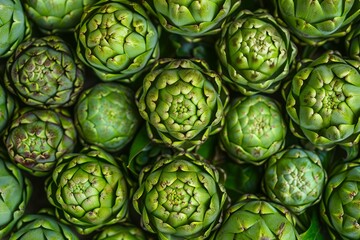 A pile of green artichokes shaped like the letter, viewed from above in closeup, with a macro lens highlighting the texture in bright colors against a fresh, vibrant background in a symmetrical compos