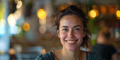 beautiful woman smiling and looking at the camera in a cafe, generative AI