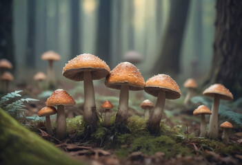 Fototapeta premium Close-up of a mystical mushrooms emerge in magical forest, blurred background