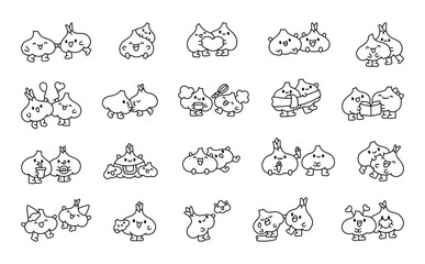 Cheerful garlic couple with funny faces. Coloring Page. Cute cartoon vegetable friends. Hand drawn style. Vector drawing. Collection of design elements.