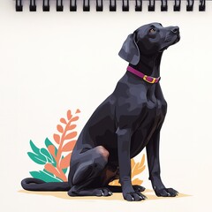 Digital illustration of black dog with floral background