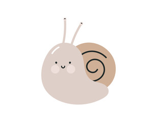 Cute snail. Flat cartoon vector illustration isolated on white background. For card, posters, banners, printing on the pack, printing on clothes, fabric, wallpaper, textile or dishes.