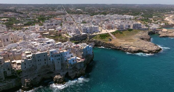 Cityscape Of Polignano a Mare Town, Puglia Region, Italy - Aerial Drone Shot