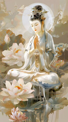 美しい観音仏像、優しい表情、縁起の良い絵