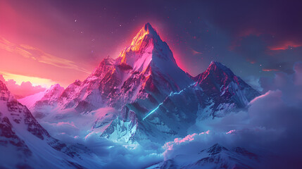 Futuristic mountain with glowing path to the top
