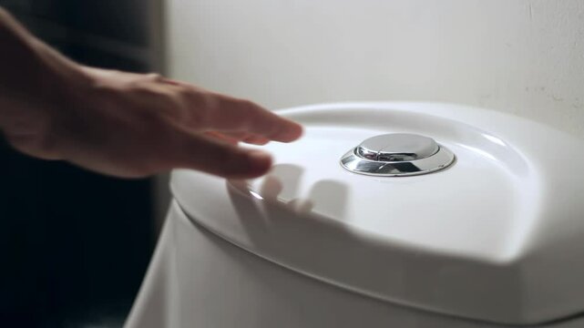  Man pressing the white toilet button in the bathroom. 4K Resolution..mp4