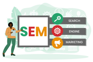 SEM - Search Engine Marketing acronym, Concept with keywords, letters and icons. Colored flat vector illustration. Isolated on white background.