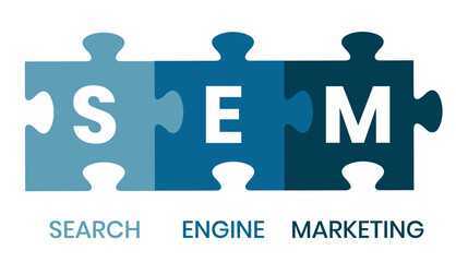 SEM - Search Engine Marketing acronym, Concept with keywords, letters and icons. Colored flat vector illustration. Isolated on white background.