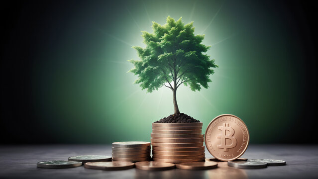 financial developments and business growth with a growing tree on a coin