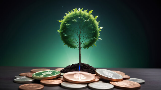 financial developments and business growth with a growing tree on a coin