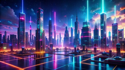 Immersive futuristic landscape with futuristic cityscape, neon lights, and floating codes, showcasing advanced virtual reality technology in a futuristic metaverse world.