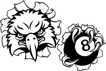 An eagle angry mean pool billiards mascot cartoon character holding a black 8 ball.