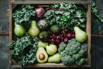 top view of rustic wooden box full with fresh vegetables and fruits, purple plums, green kale leaves, pears, red beets, avocados, atmospheric light, cinematic shot, photo taken by canon eos 