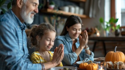 Obraz premium Family Praying Before Thanksgiving Dinner