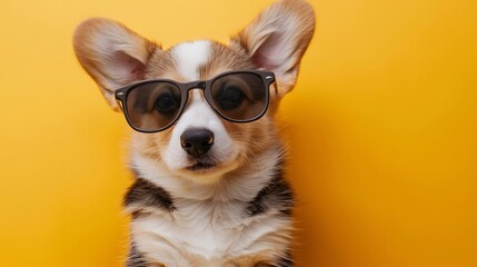 Adorable corgi puppy wearing sunglasses against a bright yellow background, exuding style and cuteness.