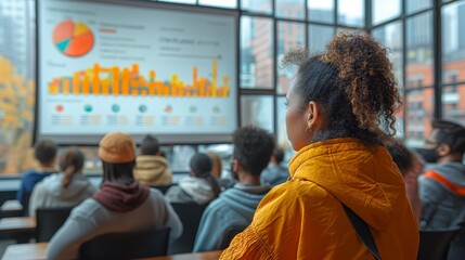 teenager student attend seminar class in hall with big screen learning about business 