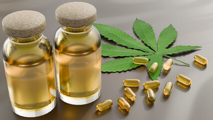 A 3D rendering depicts cannabis leaves alongside a bottle of cannabis oil. The plant, and its concentrated extracts derived from it, are being explored for potential therapeutic applications.
