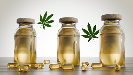 A 3D rendering depicts cannabis leaves alongside a bottle of cannabis oil. The plant, and its concentrated extracts derived from it, are being explored for potential therapeutic applications.