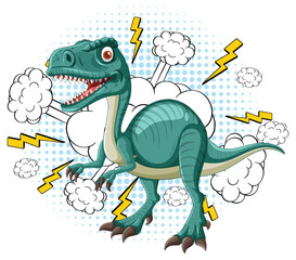 Cartoon dinosaur with lightning and clouds background