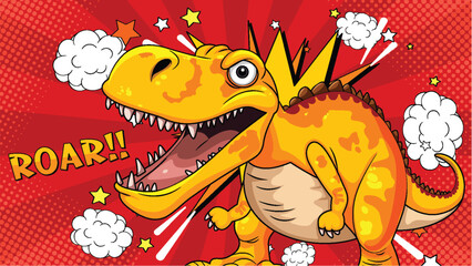 Bright dinosaur roaring with comic-style effects