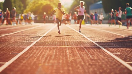 A dynamic sports day banner showing a sprint race at a school track, the cheering crowd blurred in the background, and copy space at the top. 