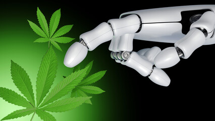 A 3D rendering of a robotic arm pointing towards cannabis leaves, symbolizing technological advancements in the cannabis industry.