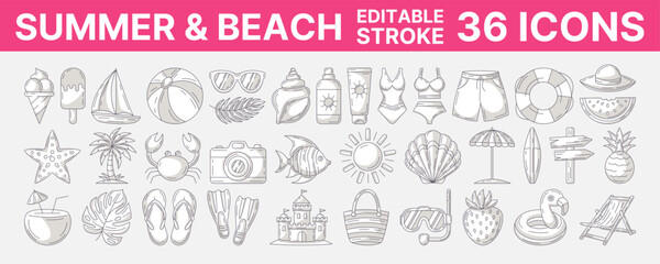 Summer and beach, vector minimalist monochrome gray line icon set. Editable stroke. Outline icons collection of seasonal rest and vacation accessories. Concept of travel, holiday, tourism, relax