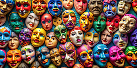 Colorful masks with diverse facial expressions scattered around a blank space, symbolizing the artificial display of emotions, concealing true feelings behind a pretended persona.