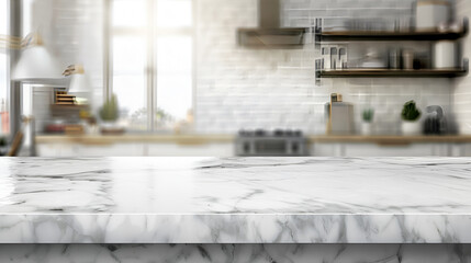 Marble stone empty table top of kitchen island on white modern kitchen interior background. Scene stage showcase for montage you products, promotion sale or advertising
