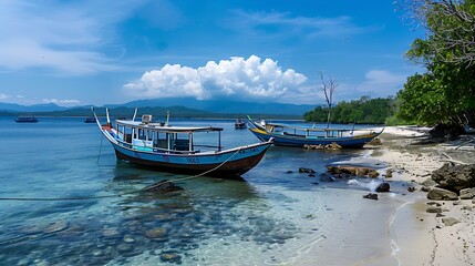 Fototapeta premium Aerial View of a Tropical Beach with Boats and Clear Water