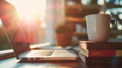 Banner with a close-up of a laptop, textbooks, and a coffee cup on a student desk early in the morning, ample copy space at the top for a motivational message. 