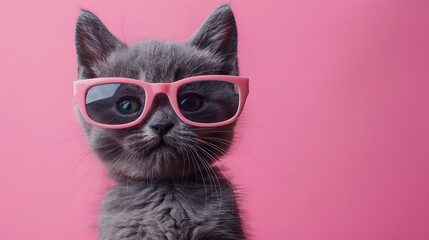 Adorable gray kitten wearing pink sunglasses with a matching pink background. Cute and stylish pet portrait with vibrant colors.
