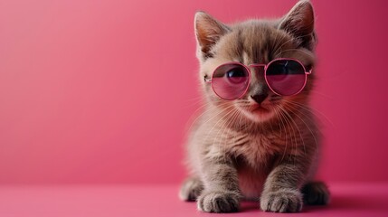 Adorable kitten posing with pink sunglasses against a matching pink background. Perfect for cat lovers and pet-themed content.