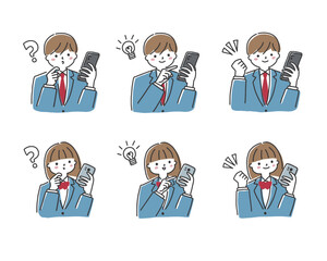 携帯電話を手に持つ学生　表情のセット