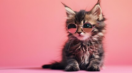 Adorable kitten wearing sunglasses, sitting against a pink background. Perfect for pet lovers and playful visuals.