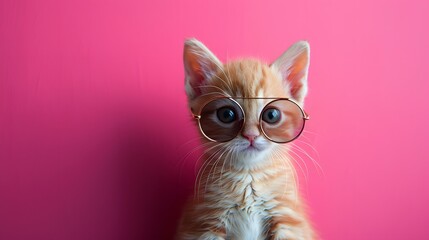 Adorable orange kitten wearing glasses against a pink background, looking curious and intelligent.