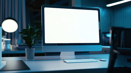 Fototapeta premium A mockup of a computer monitor in a stylish dark office. There is a computer monitor with a potted plant on the table. The concept of productivity