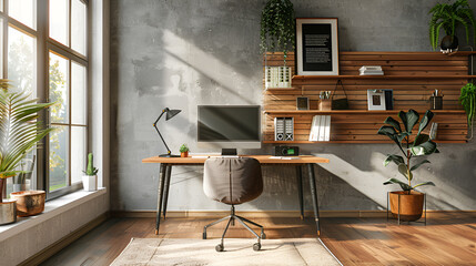 mock up poster with a background of a home's interior, a home office. 
