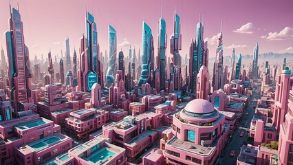 Futuristic city with pink buildings and a dome shaped building in the foreground.