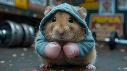 Adorable Hamster in a Hoodie with Boxing Gloves - Generative AI