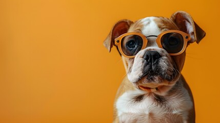 Cute bulldog puppy with orange glasses against a vibrant orange background, displaying an adorable...