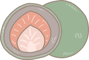 Cartoon dark green green tea flour mochi filled with red bean paste. and fresh strawberries